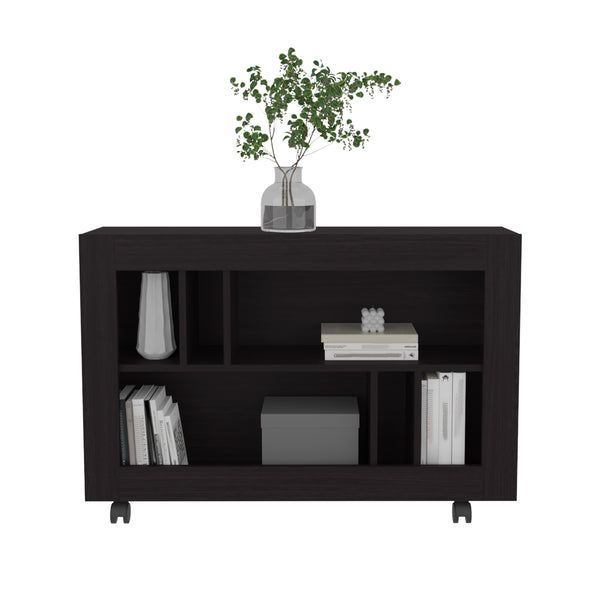 English Elm Joge versatile 37.4" console table cart with six staggered shelves, casters, sleek modern storage solution for entryway and living room Black 42.9 L x 16.5 W x 5.5 H B200P286951