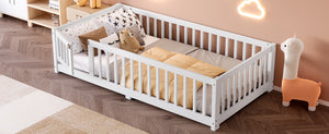 English Elm Twin Twin Size Floor Bed with Safety Guardrails and Playful Door for Kids, Pine/Plywood, Low Profile White W1580P338944