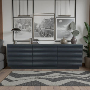 English Elm 74 Inch Three Door TV Stand for TVs up to 85" — Black Poplar & Okume Veneer Console, Cable Management, Fully Assembled, Modern Storage B108P255348