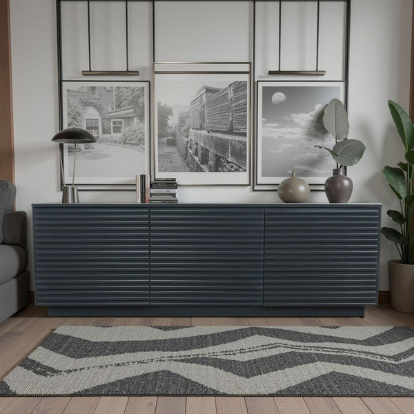 English Elm 74 Inch Three Door TV Stand for TVs up to 85" — Black Poplar & Okume Veneer Console, Cable Management, Fully Assembled, Modern Storage B108P255348