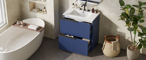 English Elm Christopher Knight Home® - 30" Freestanding Bathroom Vanity With Ceramic Sink, Soft-Close Drawers & Elegant Fluted Design In Blue N817P288915B