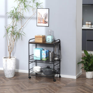 English Elm HOMCOM Rustic Brown 3-Tier Rolling Kitchen Cart with 2 Pull-Out Baskets, Side Hooks & Brake Wheels W2225P217410