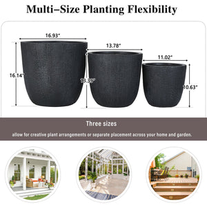 English Elm U_style Mgo Round Planters Set of Three Crackle Stone Texture Patio Garden Pots Black N711P406660B