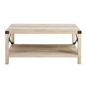 English Elm Walker Edison - Farmhouse Metal-X Coffee Table White Oak/Bronze — Rustic Industrial MDF, X-Metal Accents & Lower Shelf B185P326690