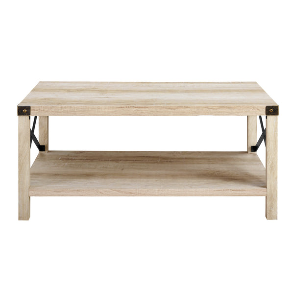 English Elm Walker Edison - Farmhouse Metal-X Coffee Table White Oak/Bronze — Rustic Industrial MDF, X-Metal Accents & Lower Shelf B185P326690