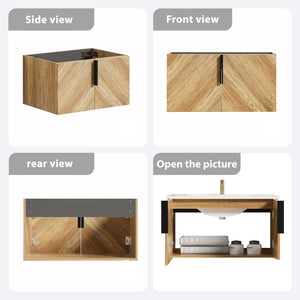 English Elm 30 Inch Floating Bathroom Vanity Fluted Wood Grain Front with Ceramic Integrated Sink W3520S00047