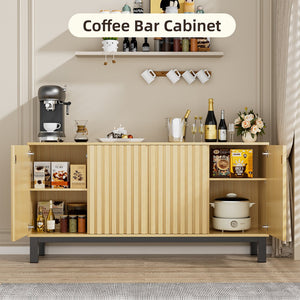 English Elm Sideboard Fluted Credenza with Soft Close Doors Walnut Finish Mid Century Storage T3773P417322