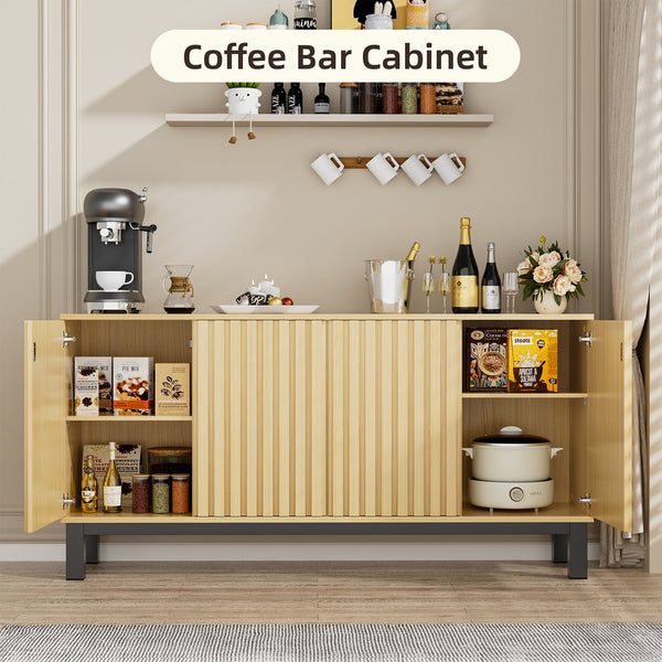 English Elm Sideboard Fluted Credenza with Soft Close Doors Walnut Finish Mid Century Storage T3773P417322