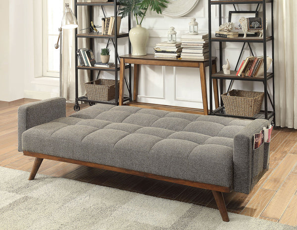 English Elm Futon Mid-Century Gray Linen Sofa Bed with Tufted Back, Angled Wood Legs & Side Pockets, Versatile B2741P298389