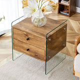 English Elm Double-Drawer Bedside Table. The Board Surface Is Mdf Sticker, and Both Sides Are Transparent Tempered Glass. The Design Is Simple and Elegant, With Excellent Storage Functions.