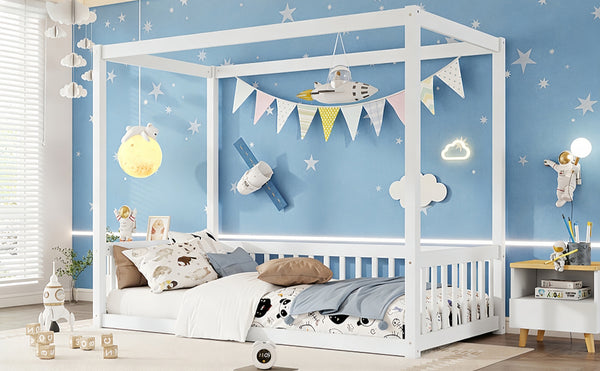 English Elm Twin Canopy Floor Bed Rubberwood Frame with Fence Guardrails for Kids Bedroom White W504P351802
