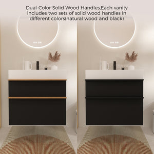 English Elm VELA 24 Inch Wall Mounted Bathroom Vanity with Integrated Acrylic Sink, Dual Wood Handles, Soft-Close drawers and Organizer Black W3235P327615