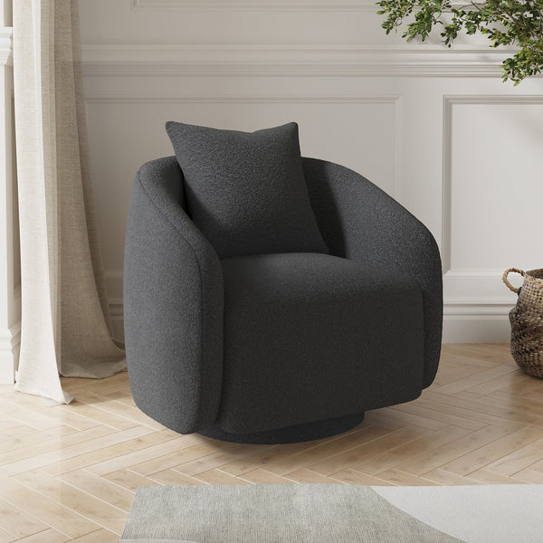 English Elm Swivel Barrel Armchair in Teddy Fabric with Lumbar Pillow and Solid Wood Legs Dark Gray T3623P430701