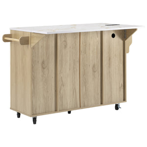 English Elm K&k Fluted Rolling Kitchen Island Faux Marble Top Power Outlet Storage Drawers Natural N707P353945Y
