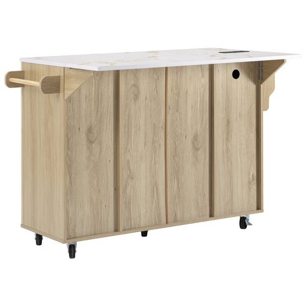 English Elm K&k Fluted Rolling Kitchen Island Faux Marble Top Power Outlet Storage Drawers Natural N707P353945Y