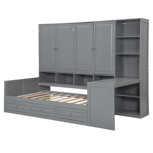 English Elm Twin Size Wooden Daybed With Integrated Desk, Storage Drawers, And Shelves - Stylish Gray Design! N820S00054E-GIGA