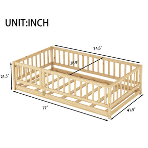 English Elm Twin Oak Montessori Floor Bed with Fence & Door, Twin Slatted Pine Frame, Low Profile for Kids (Natural) W1820P349300