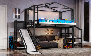 English Elm Twin Metal Loft Bed with Built-in Wardrobe Storage Stairs Led Lights and Usb Ports W5316S00045