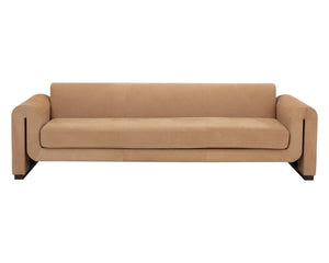 Sunpan Romer Sofa - Luxurious Nubuck Tan Leather with Distressed Brown Oak Legs for Cozy Living Spaces