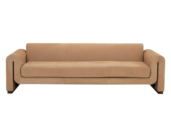 Sunpan Romer Sofa - Luxurious Nubuck Tan Leather with Distressed Brown Oak Legs for Cozy Living Spaces