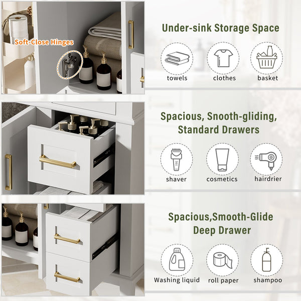 English Elm 30" Bathroom Vanity with Ceramic Sink and Deep Storage, Soft-Close Doors, Gold Handles, Durable Wood Frame White N729P276610K