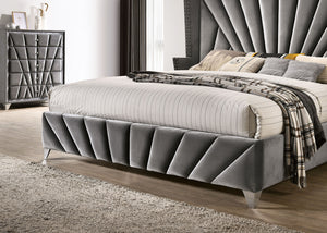 English Elm Bedroom Wooden Queen Bed with High Panel Headboard, Gold Trim Accent, Modern Luxury Design Gray 69.5 L x 26 W x 5 H B2741S00108