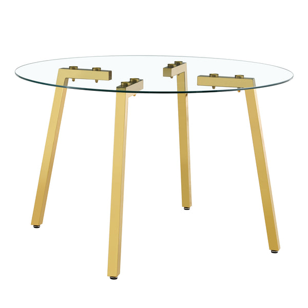 English Elm Modern Round Tempered Glass Dining Table with Gold 7-Shaped Legs, 47.3" Clear Top, Durable Luxury W1151S01881