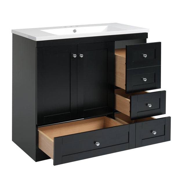 English Elm 36 Inch Shaker Style Free-Standing Bathroom Vanity Cabinet with Resin Sink, Soft-Close Storage Elegance Black SV000021AAB