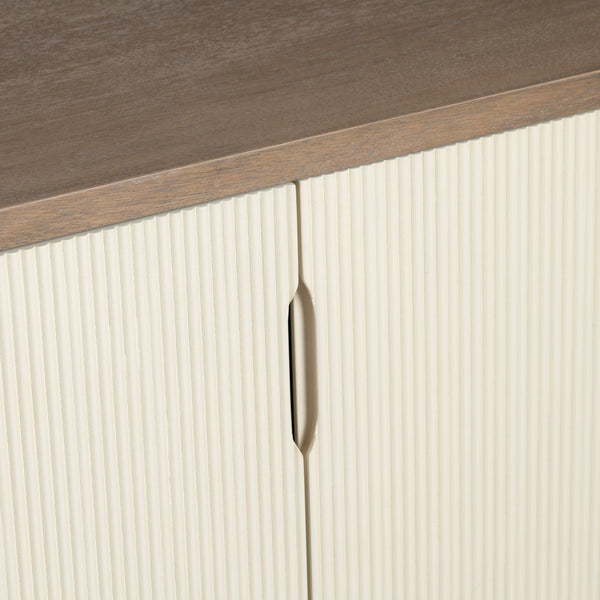 Crestview Collection Coastal 4 Door Media Credenza - Elegant Sideboard With Cream Doors, Buyer Wood, And Cord Management Brown Solid Wood Cvfdr1045