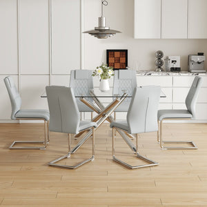 English Elm Table Modern Luxurious 7-Piece Transparent Glass Dining Set With 6 Light Gray Pu Chairs & Metal Legs W1151S04132-GIGA