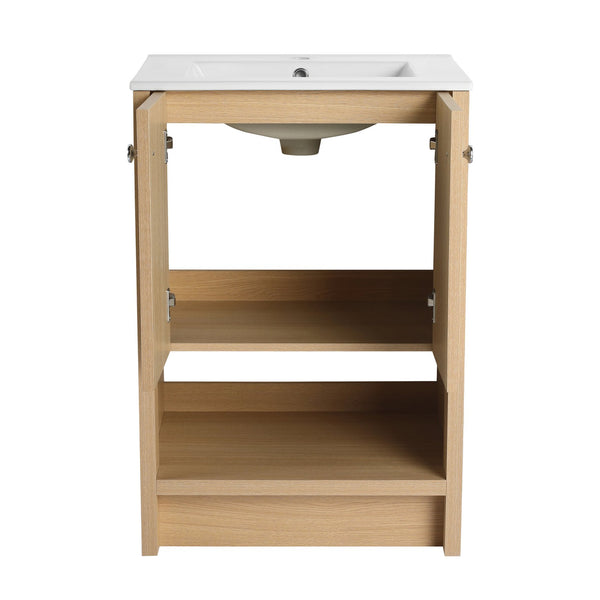English Elm 24" Freestanding Bathroom Vanity with Ceramic Sink, Oak Finish, 2 Soft-Closing Doors, Open Shelf Storage W1972S00023