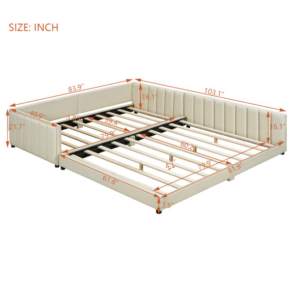 English Elm Queen Upholstered Platform Bed with Twin XL Daybed Set, PU Leather, Space-Saving Convertible Duo for Guests and Kids Beige SF100115AAA