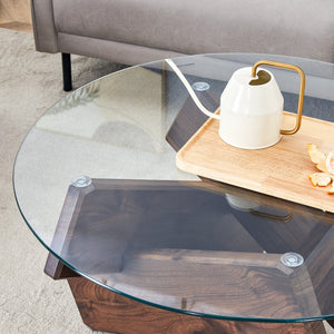 English Elm Round glass coffee table with tempered clear top, walnut MDF legs, adjustable anti-slip feet, modern centerpiece W1151P230572