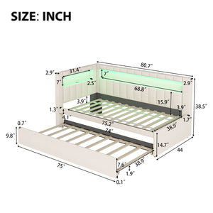 English Elm Upholstered Twin Platform Bed with Trundle, Linen Backrest, Built-In USB Ports & LED Accent Lighting White DL001919AAK