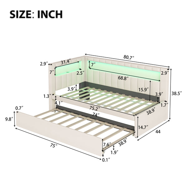 English Elm Upholstered Twin Platform Bed with Trundle, Linen Backrest, Built-In USB Ports & LED Accent Lighting White DL001919AAK