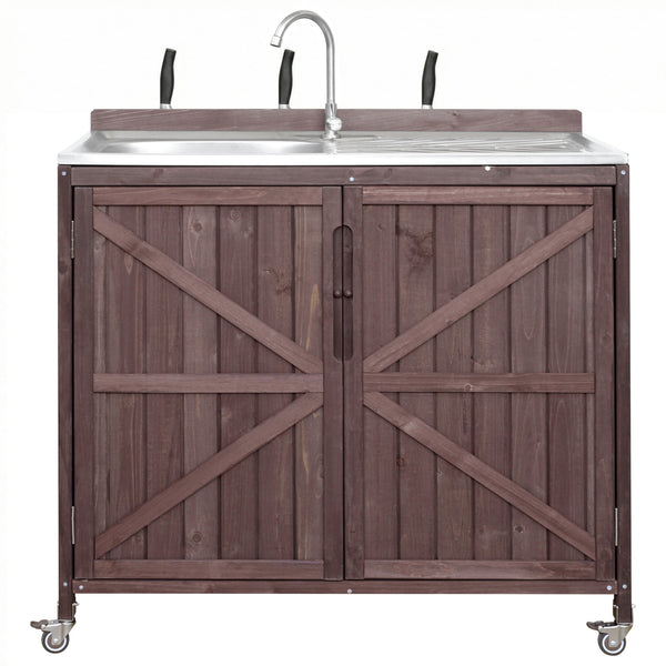 English Elm K&k Outdoor Prep Station Stainless Steel Top Fir Wood Cabinet with Drawer and Wheels N707P370281Z