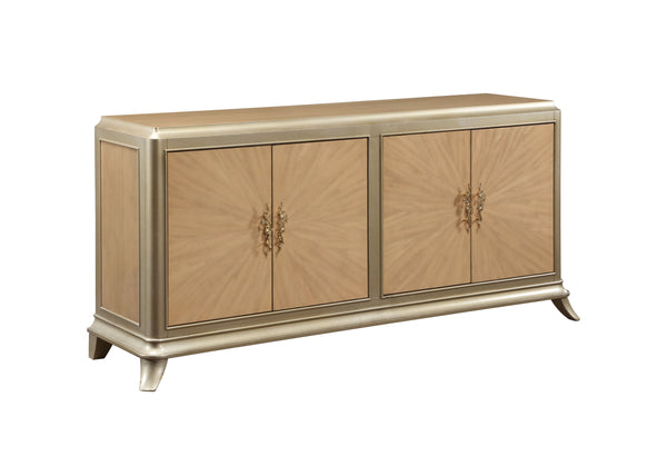English Elm Dodie Champagne & Natural Oak Sunburst Console Cabinet with Art Deco Hardware, Cord Management B2726P285785