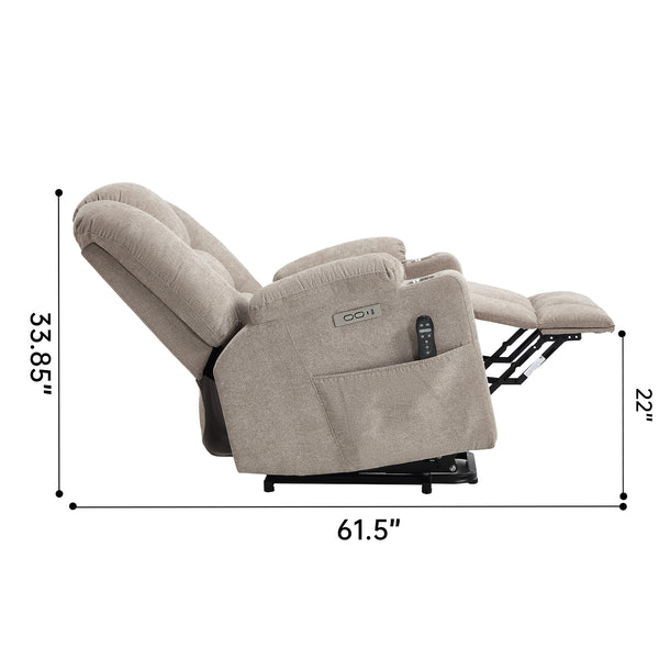English Elm Emon's Overstuffed Chenille Power Lift Recliner with Massage Heat and Charging Ports Khaki W1803S00089