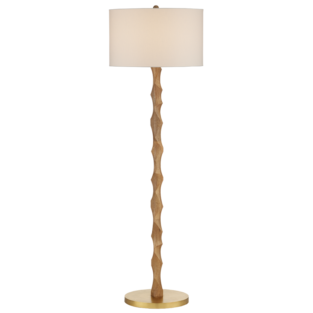 Sunbird Floor Lamp - Handcrafted Tan Wood Design with Brass Base & Off-White Shade for Modern Spaces