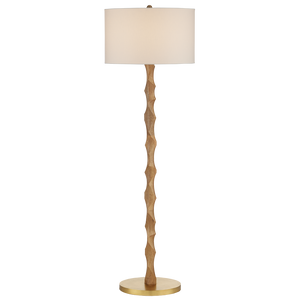Sunbird Floor Lamp - Handcrafted Tan Wood Design with Brass Base & Off-White Shade for Modern Spaces