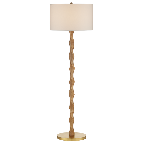 Sunbird Floor Lamp - Handcrafted Tan Wood Design with Brass Base & Off-White Shade for Modern Spaces