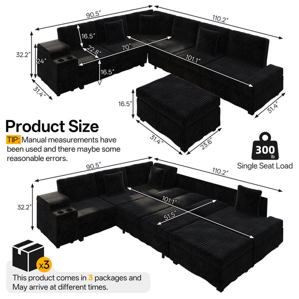 English Elm 110.2" Corduroy Sectional Sleeper Sofa with Ottoman Usb Ports Storage Armrests Living Room Black W3219S00014