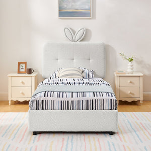 English Elm Twin Kids Boucle Upholstered Bed Rabbit Ear Headboard Led Lighting Four Storage Drawers Beige W1413P384921
