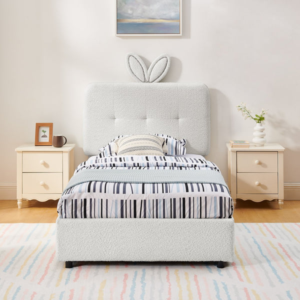 English Elm Twin Kids Boucle Upholstered Bed Rabbit Ear Headboard Led Lighting Four Storage Drawers Beige W1413P384921