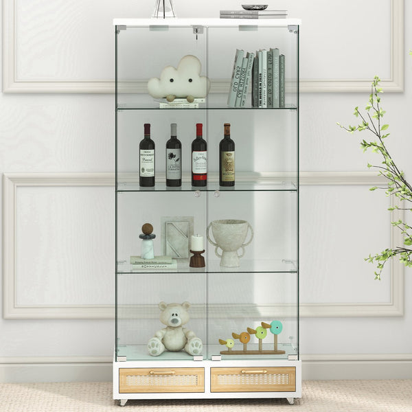 English Elm Modern Glass Display Cabinet With Led Lighting, Lockable Drawers, And Adjustable Shelves For Home Décor W241S00059