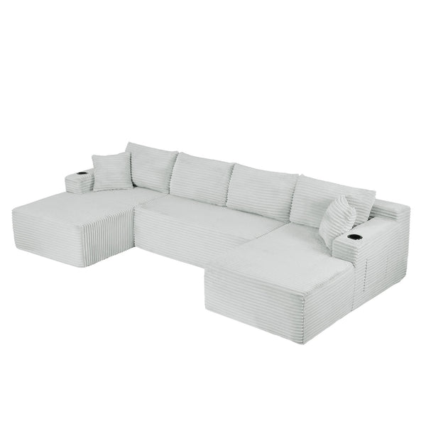 English Elm Compressible Modular U-shaped Sectional Corduroy Cloud Sofa for Spacious Living Rooms Light Grey W2339S00099