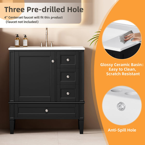 English Elm 30 30 Inch Bathroom Vanity with Ceramic Sink, Modern Compact 3-Drawer Storage Cabinet for Small Baths Black N710P247499B