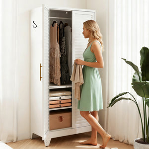 English Elm White Steel Freestanding Wardrobe Cabinet with Rod and Shelves for Dorm or Apartment T2398P480394