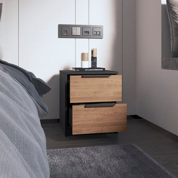 English Elm Wenge Two-Drawer Nightstand with Pine Accents, Modern Finish, Smooth Metal Hardware, Compact Storage B06280501