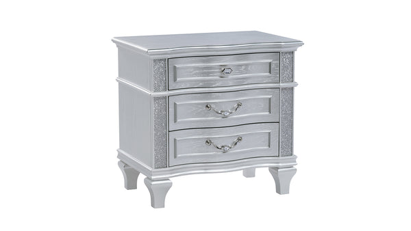 English Elm Mystic Elegant Three-Drawer Nightstand in Light Gray Wood with Velvet-Lined Top Drawer & Crystal Accents G150109162